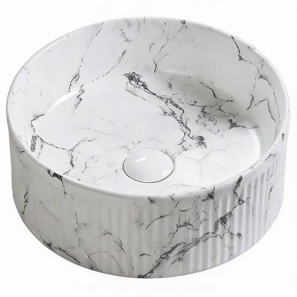 14.57 in. Round Vessel Bathroom Sink 14.57 in. in Black and White Marble Ceramic with Faucet and Drain Included price history on PriceWatchPro