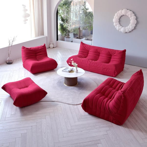 Magic Home Comfy Lazy Floor Sofa 34.25 in. 1-Seat Chair Teddy Velvet Bean Bag Armless Foam-Filled Thick Couch with Ottoman, Red