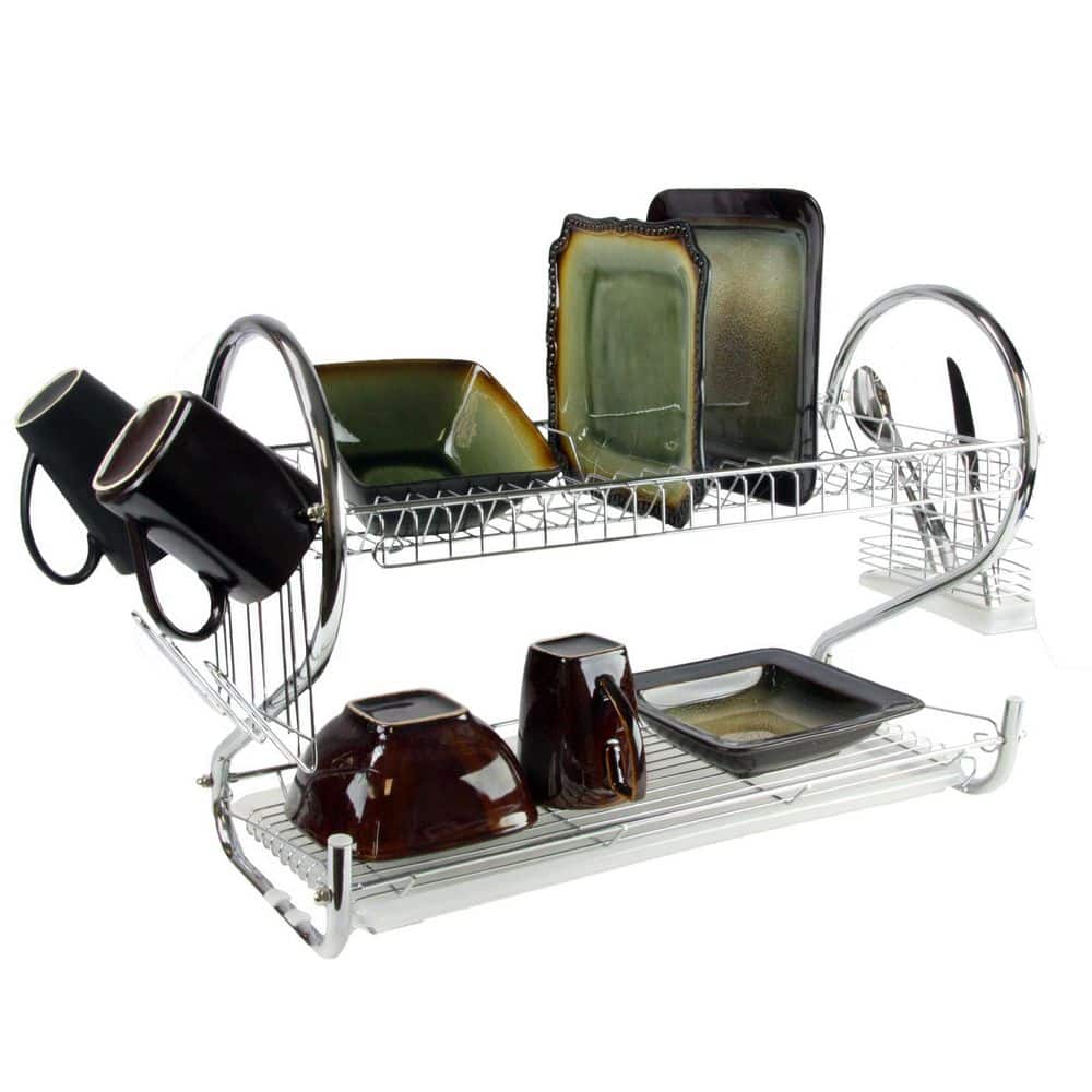 Chrome Two-Tier Metal Dish Rack with Utensil Holder