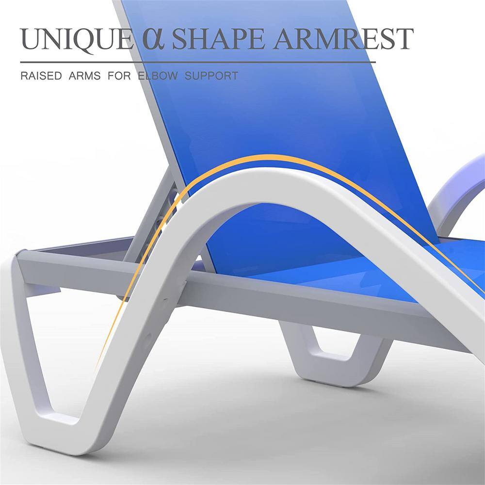 Blue Aluminum Adjustable Outdoor Chaise Lounge with Armrests