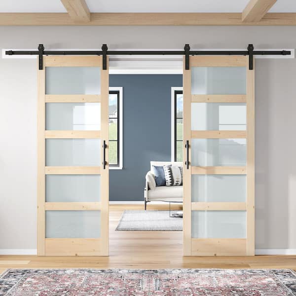 60 in. x 84 in. (Double 30 in.) 5 Lite Frosted Glass Spruce Finished Solid Wood Sliding Barn Door with Hardware Kit