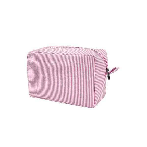 Pink Seersucker Cosmetic Bag for Women, Large Makeup Organizer with Smooth Zipper, Travel Toiletry Pouch