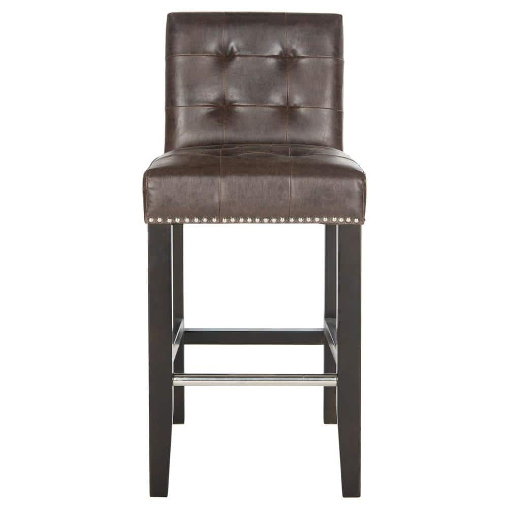 Antique Brown Leather and Wood Counter Stool