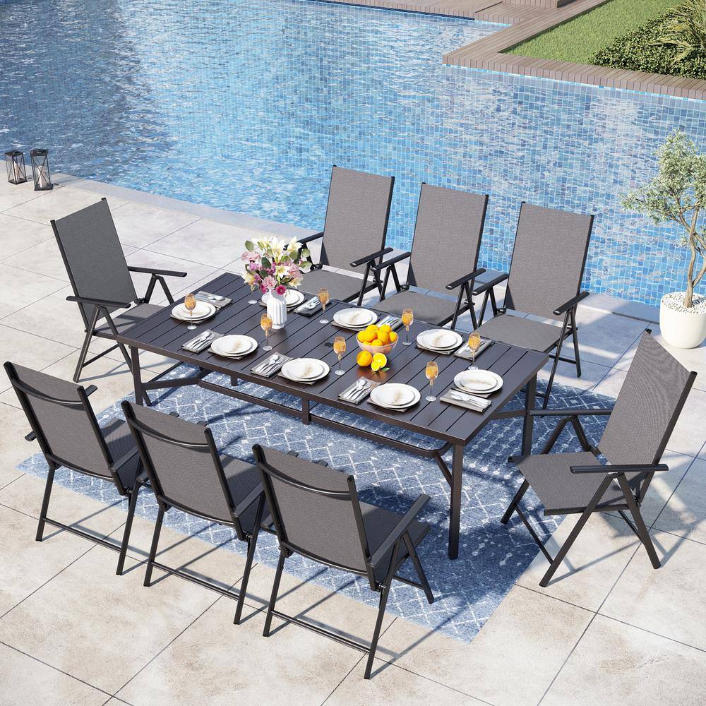 PHI VILLA 9Piece Metal Rectangle Outdoor Dining Set with Black Folding