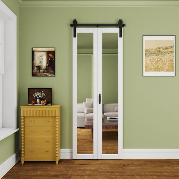 36 in. x 84 in. 1-Lite Mirrored Glass White Finished Composite Bi-Fold Sliding Barn Door with Hardware Kit
