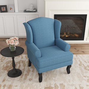 Mid-Century Retro Style Sky Blue Linen Upholstered Wingback Chair with Wooden Legs (Set of 1)