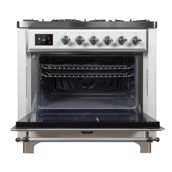 Majestic II 36 in. Double Oven Dual Fuel Range with 6 Sealed Burners, Glass Door, Chrome Trim in White