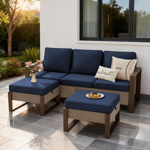 74.61" Wide 3-Seater Wicker Outdoor Patio Sofa Steel Frame Sectional Couch with Metal Armrests and Dark Blue Cushions