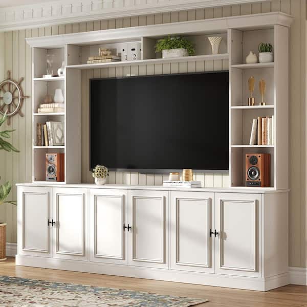 Modern Large Wall Unit Entertainment Center White TV Stand Fits TVs up to 70 in. with Bridge, Bookshelves