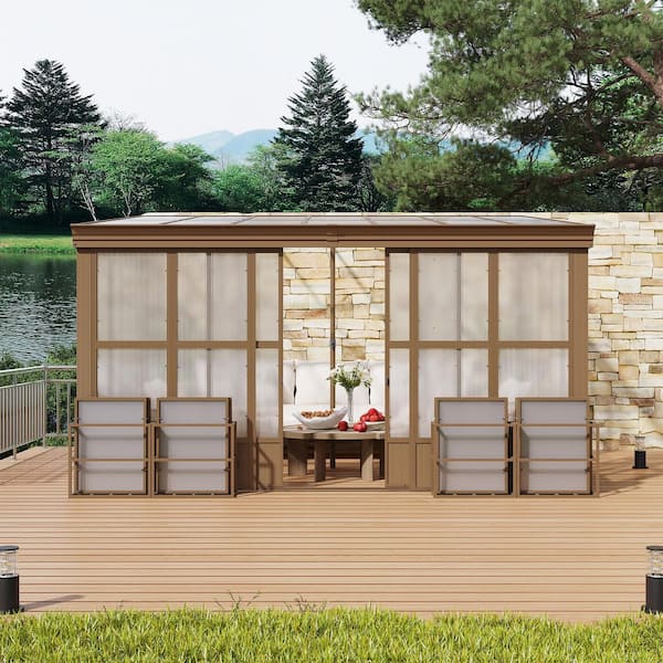 12 ft. x 14 ft. Brown Lean-to Wall Mounted Aluminum Frame Sunroom with Polycarbonate Roof and Sliding Doors