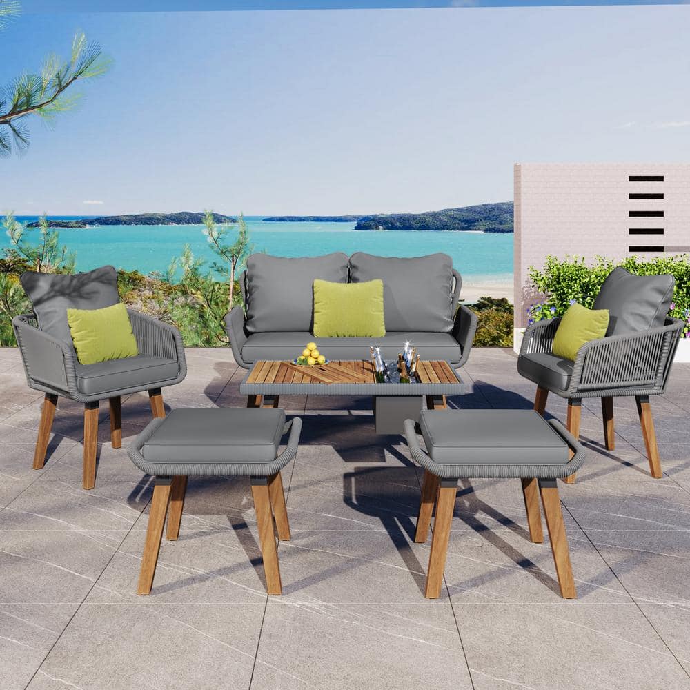 JimsMaison 6-Piece Wicker Patio Conversation Set with Grey Cushions