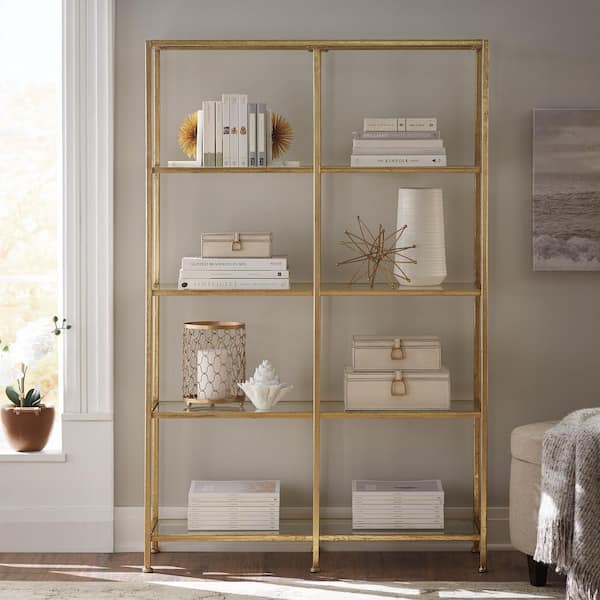 Home Decorators Collection Bella Double Gold Metal and Glass 4-Shelf Accent Bookcase with Open Back (62 in. H x 40.75 in. W)