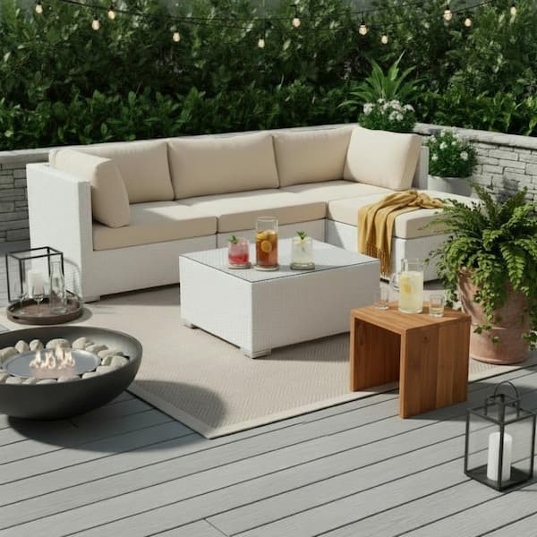Savosa 5-Piece All-Weather White Wicker Patio Sectional Set with Beige Cushions