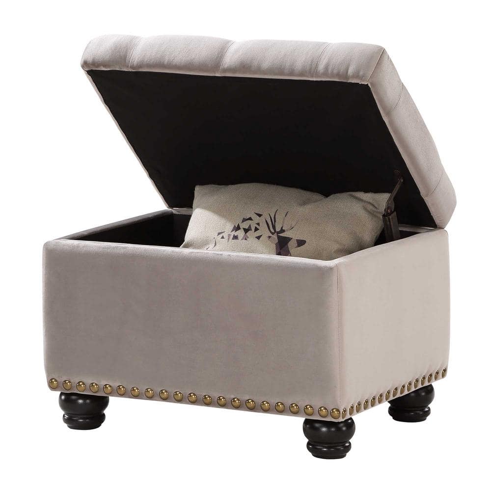 Elegant Taupe Velvet Tufted Storage Ottoman with Antique Nailhead Trim