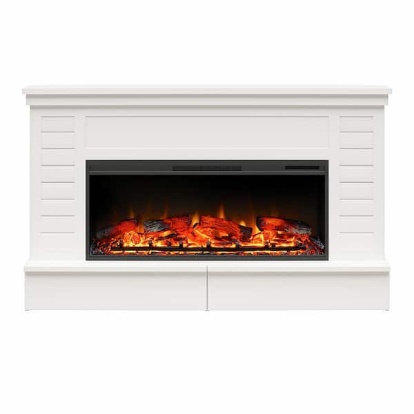 Ameriwood Home Herrick Wide Shiplap Mantel with Linear Electric Fireplace and Storage Drawers, White