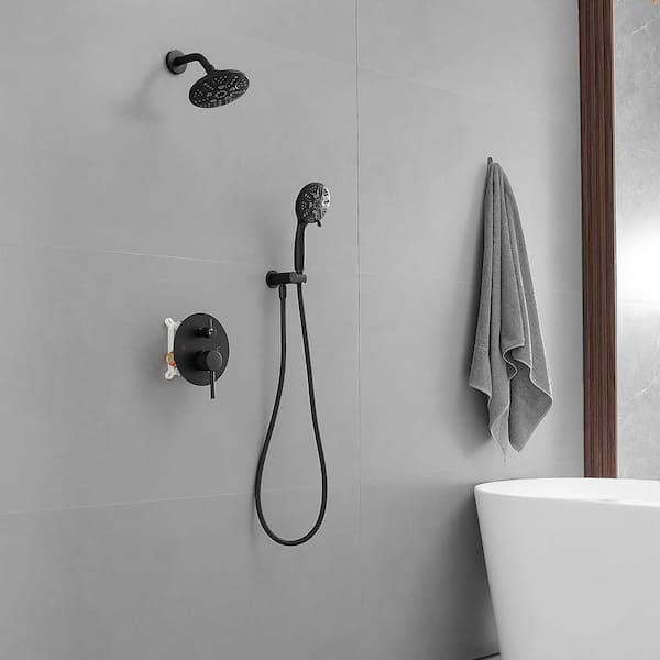Single Handle 5-Spray Round Shower Faucet 2.5 GPM with Detachable Handheld Shower in Black (Valve Included)