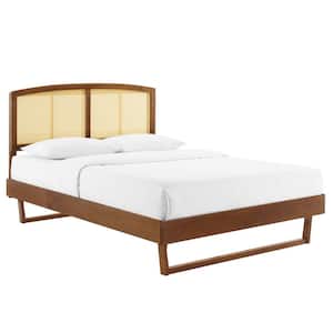 Sierra Brown Walnut Cane and Wood King Platform Bed with Angular Legs