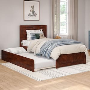 Canyon Walnut Brown Solid Wood Twin Platform Bed Frame with Matching Footboard and Twin Trundle