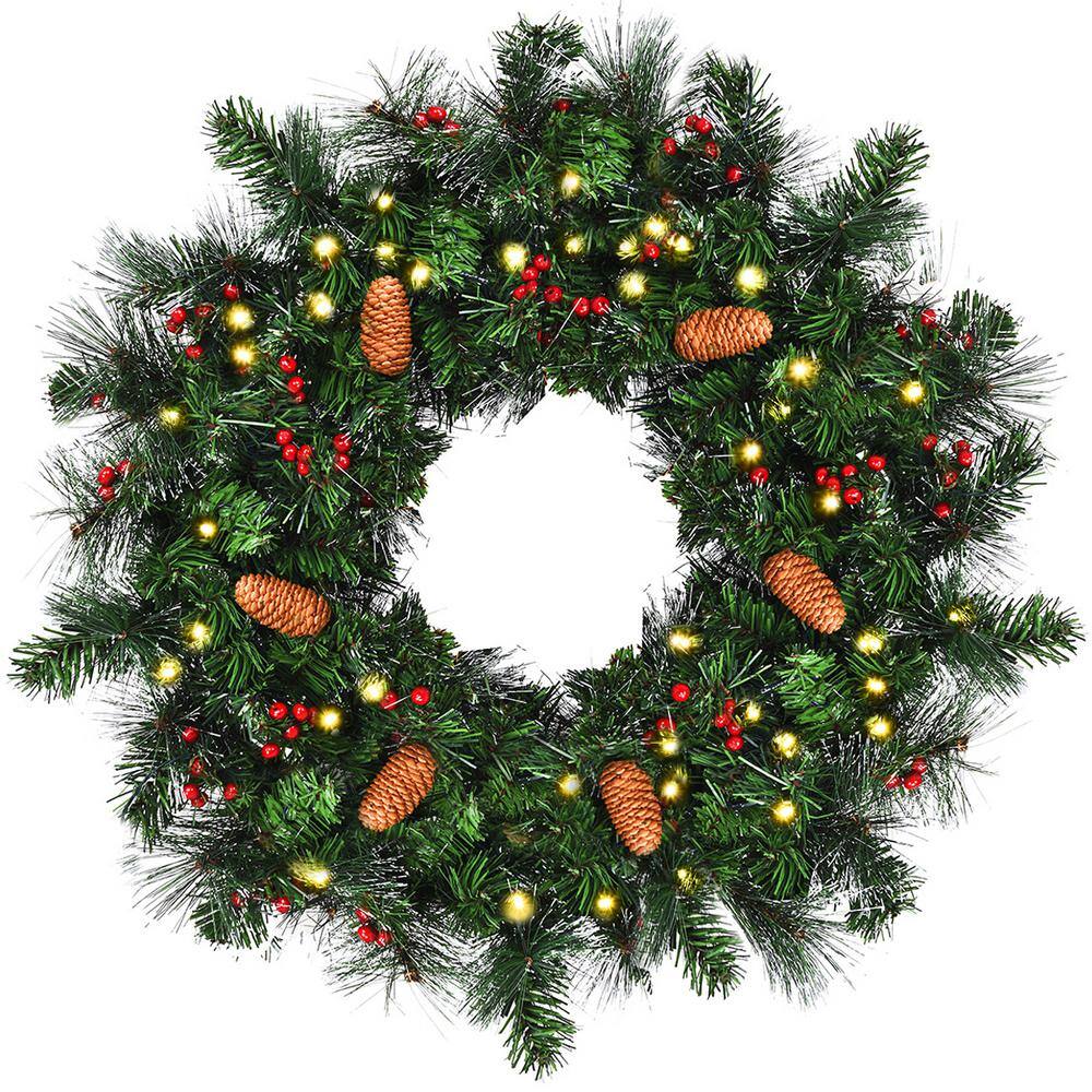 Costway 24 in. Green Pre-Lit LED Artificial Christmas Wreath with Timer ...