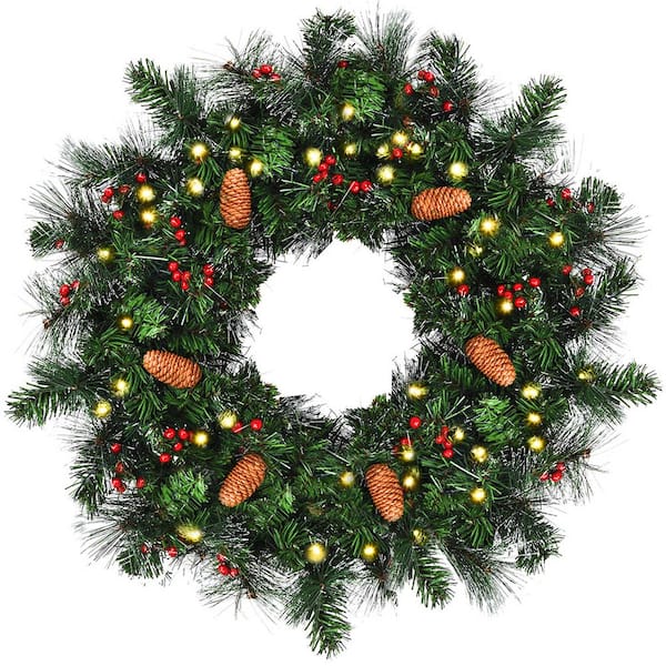 Costway 24 in. Green Pre-Lit LED Artificial Christmas Wreath with Timer