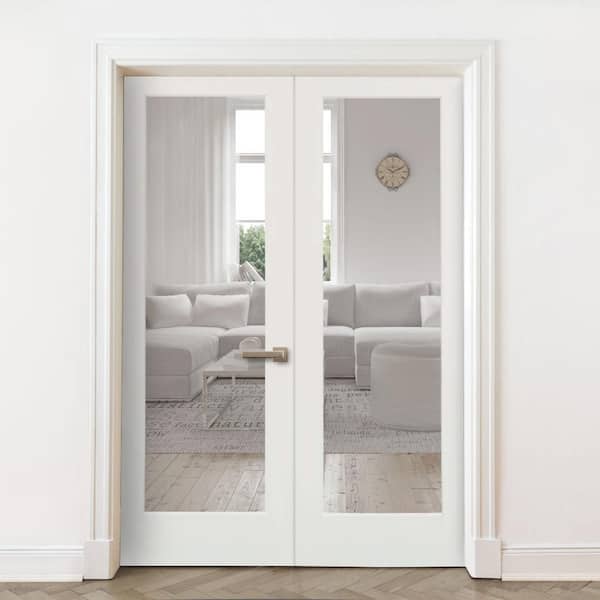 60 in. x 96 in. Craftsman Shaker 1-Lite Clear Glass Left Handed MDF Solid Core Double Prehung French Door