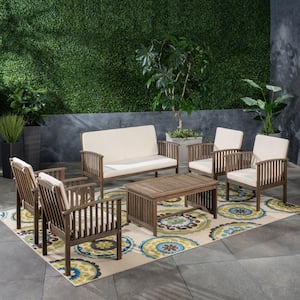 Carolina Grey 6-Piece Wood Outdoor Patio Conversation Set with Cream Cushions
