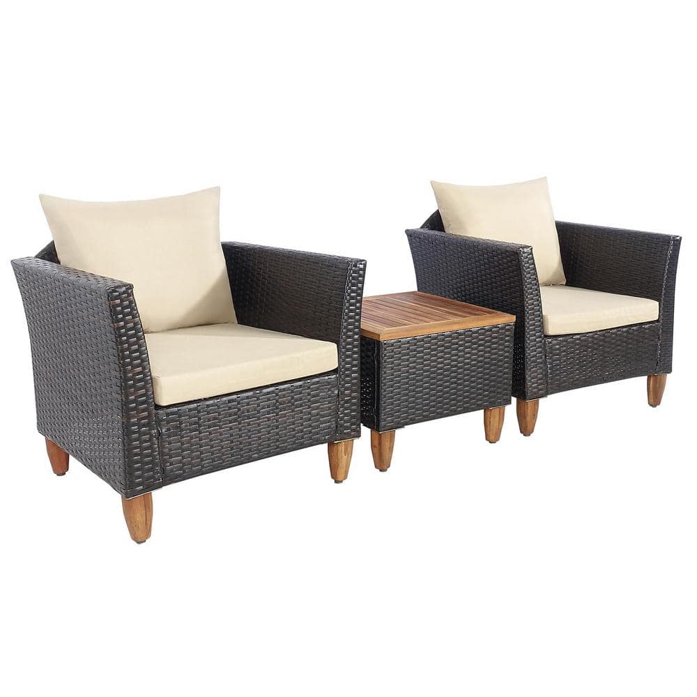 SUNRINX 3-Piece Rattan Wicker Outdoor Patio Bistro Set with Beige Cushions