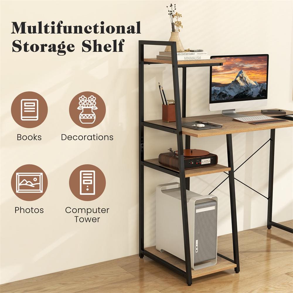 Natural Wood and Metal 4-Tier Computer Desk with Shelves