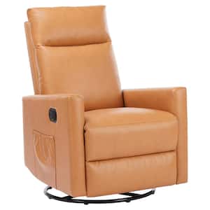 Brown Modern PU Leather Swivel Rocking Rocker Recliner with Extra Large Footrest and Upholstered Deep Seat