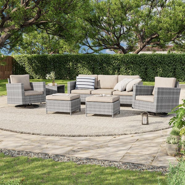 JOYESERY 6-Piece Gray Wicker Outdoor Seating Sofa Set with Swivel Rocking Chairs, Linen Flax Beige Cushion