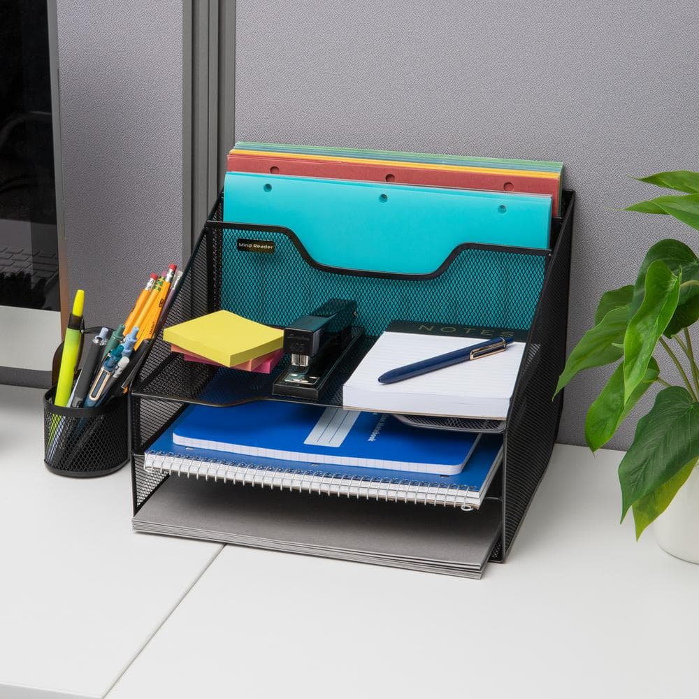 Black Metal Mesh 5-Compartment Desktop Organizer