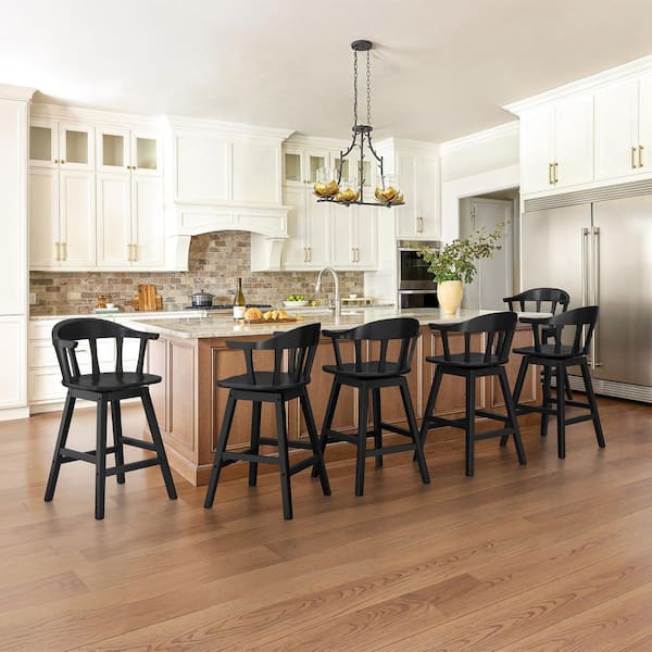 Black Classic Windsor 37.4 in. Swivel Barstool Solid Wood Counter Height Stool with Thicked Spindle Back Set of 6