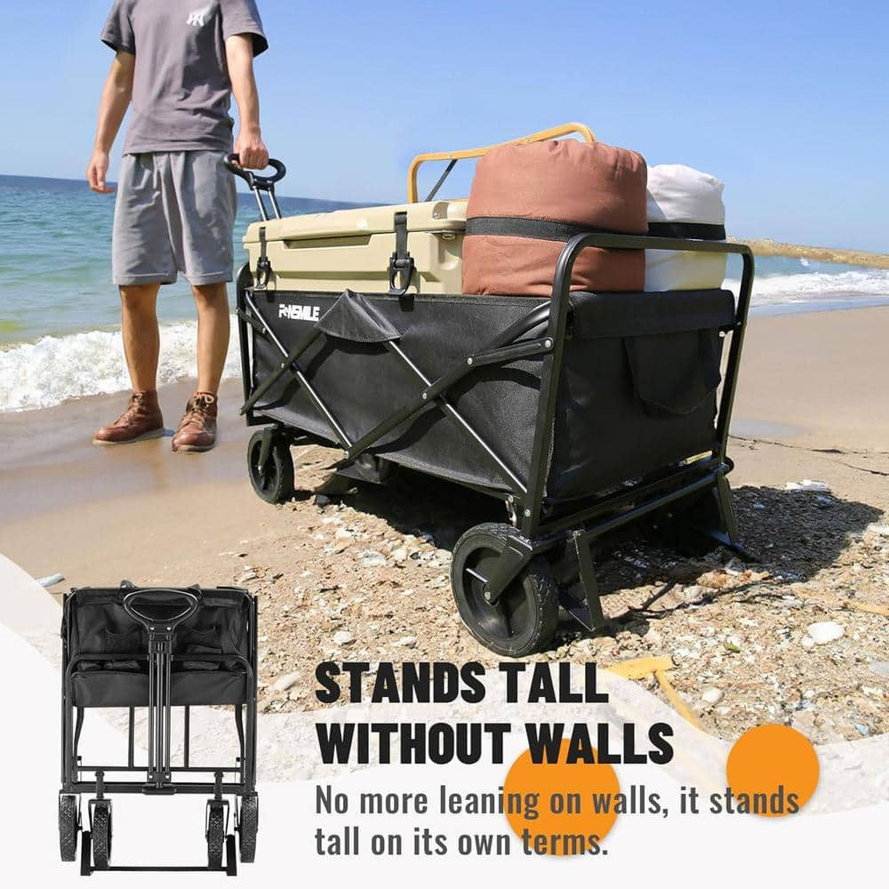 Tunearary 4.94 cu. ft. Outdoor Metal Foldable Black Heavy Duty Wagon ...