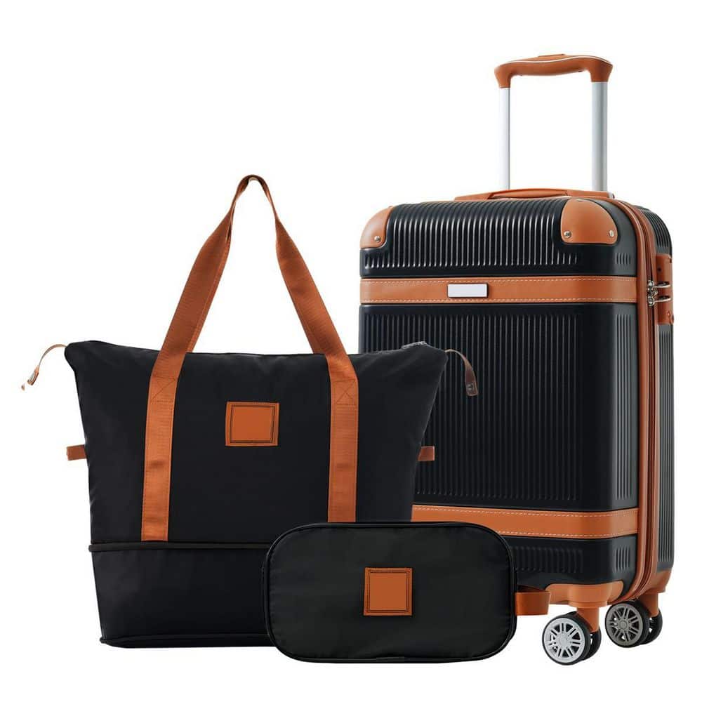 3-Piece Black ABS Plastic Hardshell Spinner TSA Lock Lightweight ABS Luggage Set with Expandable Duffel Bag