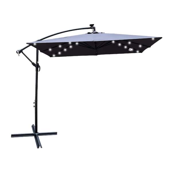 Unbranded 8.2 ft. x 8.2 ft. Solar LED Lighted Anthracite Square Patio Cantilever Umbrella With a Base in Sand