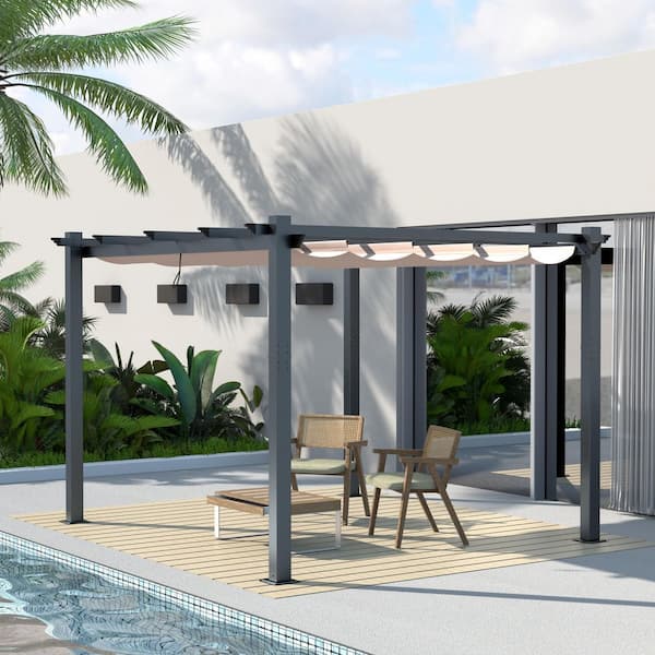 VEIKOUS 10 ft. x 10 ft. Beige Aluminum Outdoor Patio Pergola with Retractable Sun Shade Canopy Cover