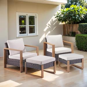Allcot 4-Piece Outdoor Brown Wicker Patio Lounge Chair Outdoor Chairs Set of 2 with Ottomans with Beige Cushions