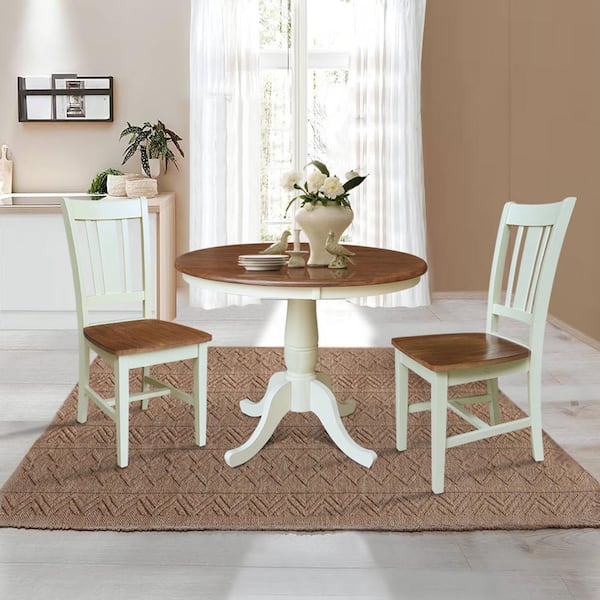 International Concepts Hampton 3-Piece 36 in. Round Hickory/Shell Solid Wood Dining Set with 2-San Remo Chairs Seats-4