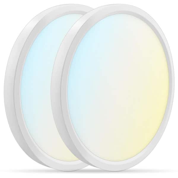 LUXRITE 7 in. White Modern Flush MountCeiling LightFixture Selectable LED Integrated 15W 1000LM 5CCT 2700K-5000K Dimmable 2-Pack