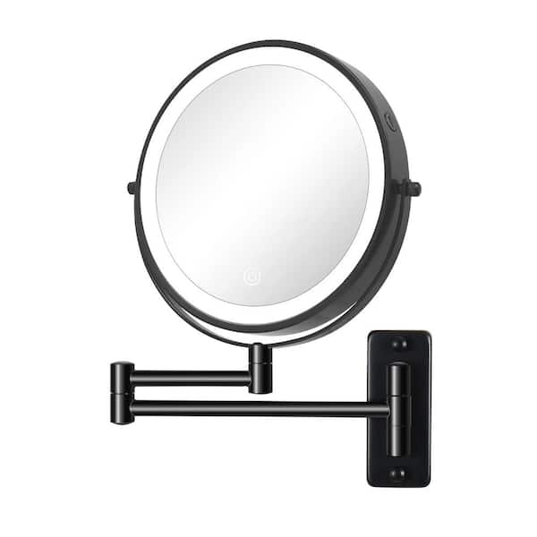 FUNKOL 8 in. W Black Round 1X/10X Magnifying Wall Mounted Built-In Battery Makeup Mirror with 3 Colors LED Lights(USB Powered)