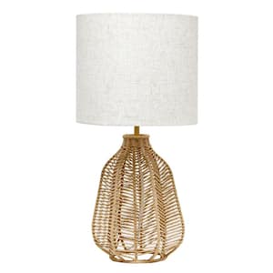 21 in. Beige Table Lamp Vintage Rattan Wicker Style Paper Rope with White Fabric Shade