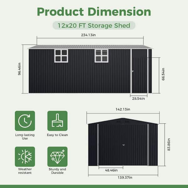12 ft. W x 20 ft. D Metal Outdoor Storage Garden Tool Steel Shed with Lockable Doors and Windows (240 sq. ft.)