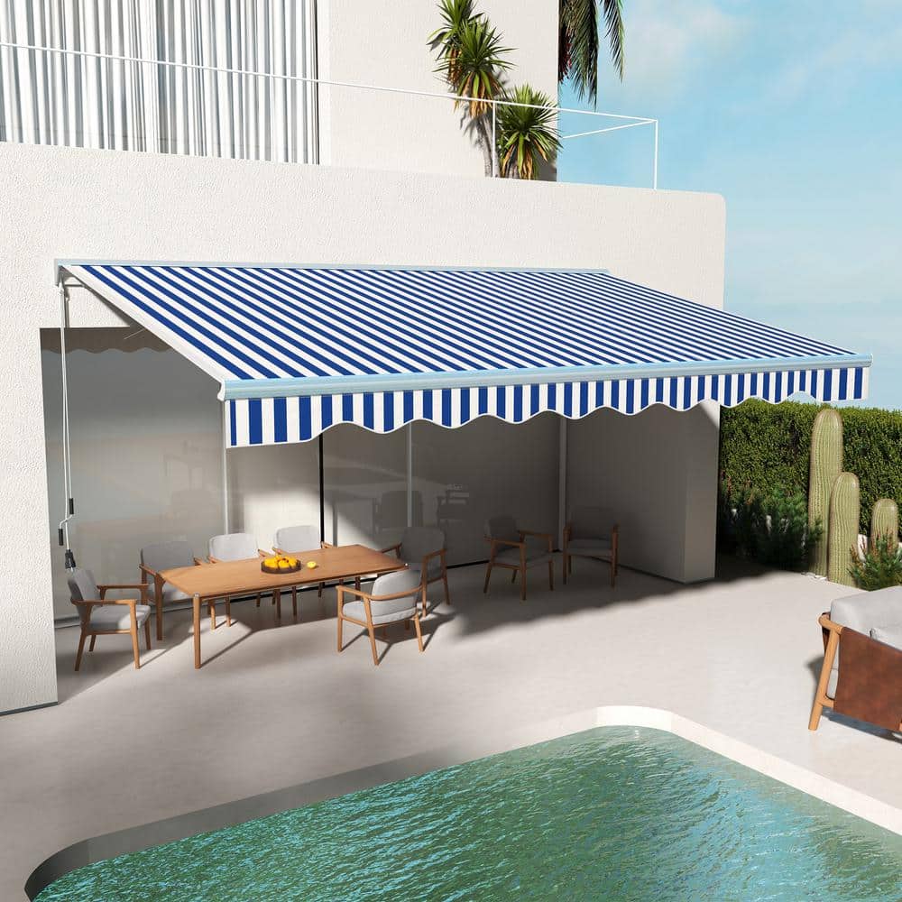 Blue and White Striped Retractable Patio Awning with LED Lights
