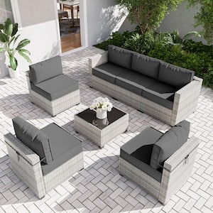 7-Piece Wicker Patio Outdoor Lounge Chairs Sectional Conversation Set with 5 in. High-Resiliency Seat Cushion Grey