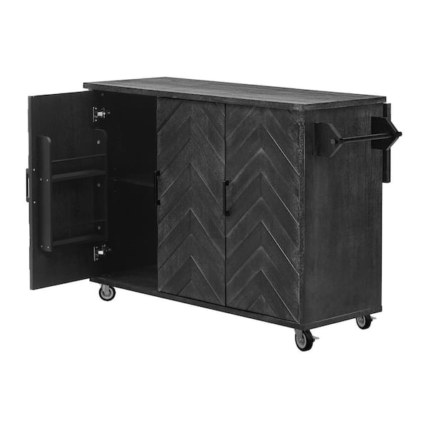Cesicia Classic Farmhouse Black Wood Drop Leaf Rolling Kitchen Island on Wheels with Internal Storage Rack