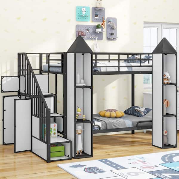Harper & Bright Designs Castle Style Black and White Twin over Twin Metal Bunk Bed with Storage Staircases, Wardrobe, Multiple Shelves