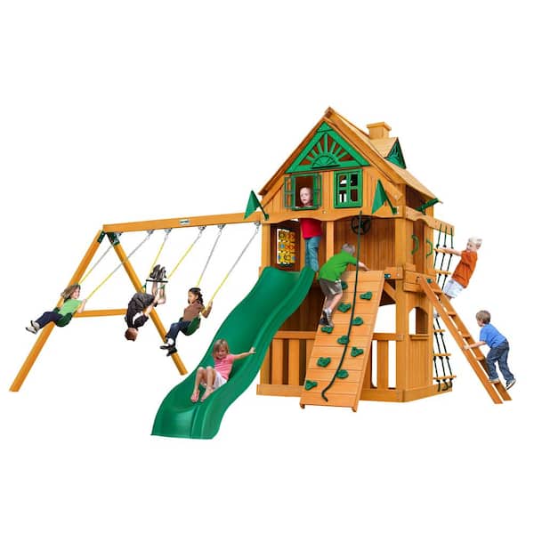 Gorilla Playsets Chateau Clubhouse Treehouse Wooden Swing Set with Fort Add-On and Rock Wall