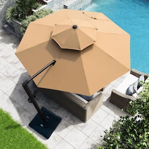 Double top 11.5 ft. Octagon Heavy-Duty Rotatable Canopy Cantilever Patio Umbrella in Tan