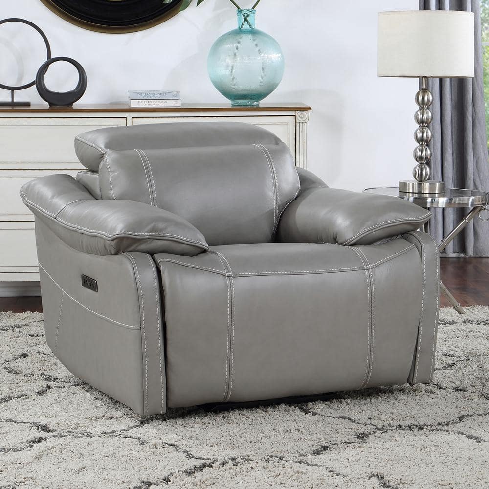 Gray Leather Power Recliner with Wood Accents