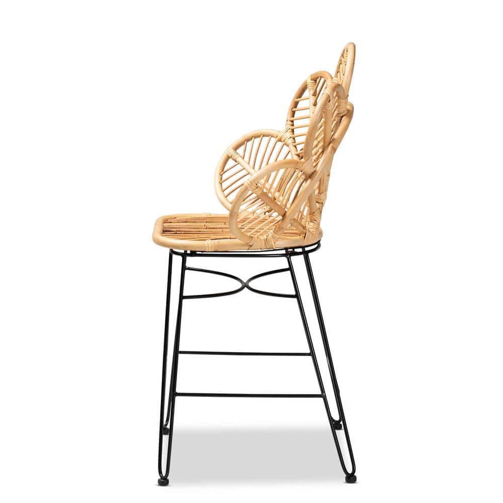 Garan Natural Rattan and Black Metal Boho Counter Stool
